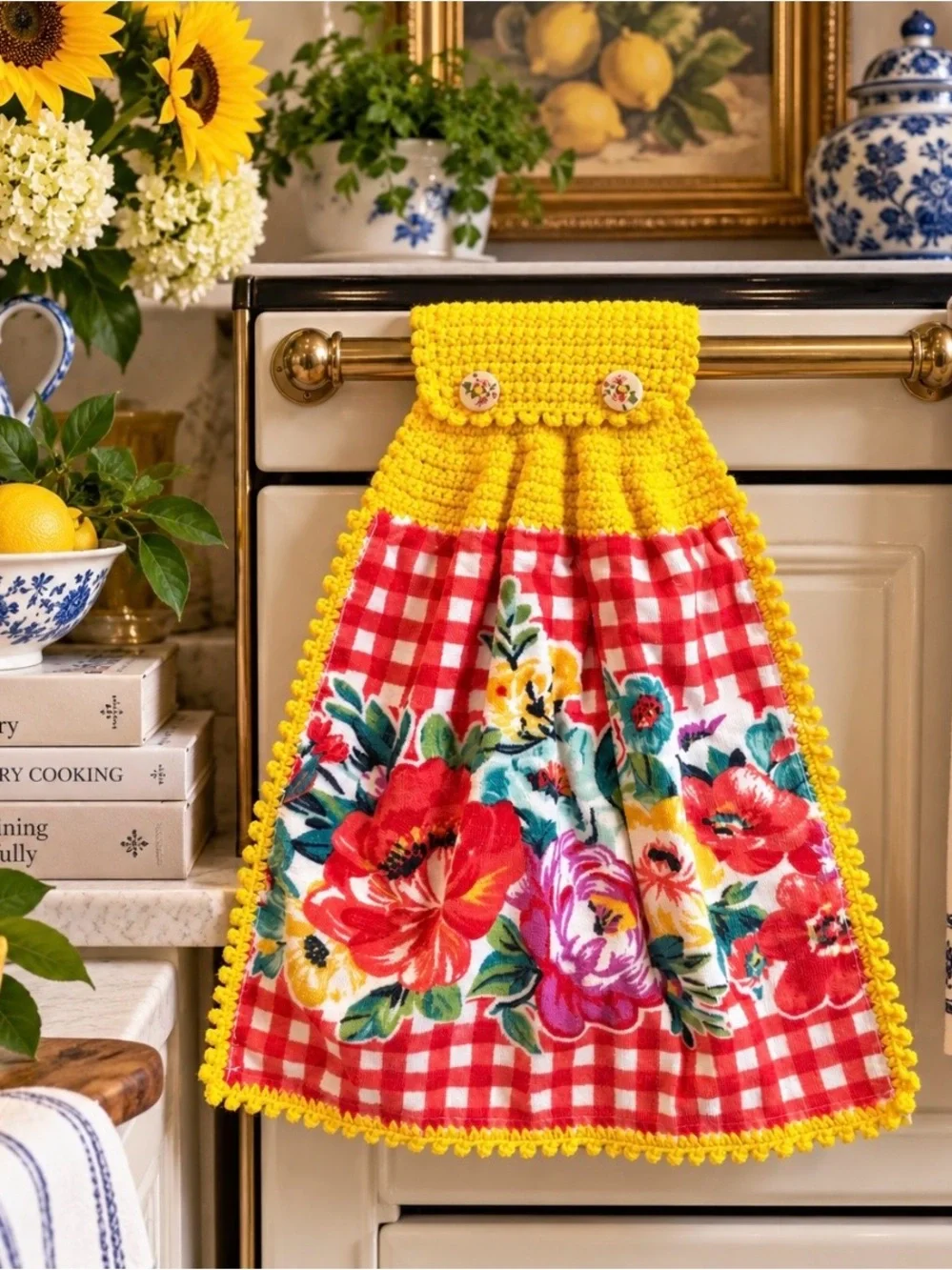 Pioneer Woman Floral Gingham Crochet Hanging Kitchen Towel
